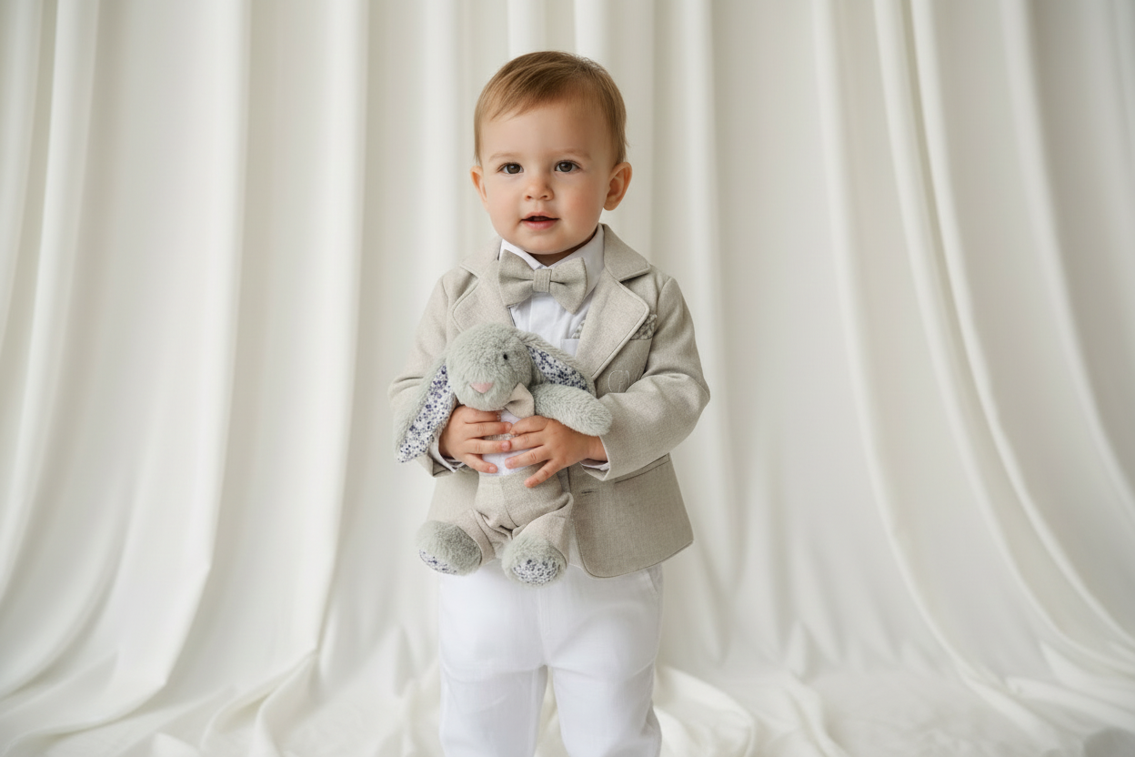 White linen vest suit with beige linen jacket and accessories