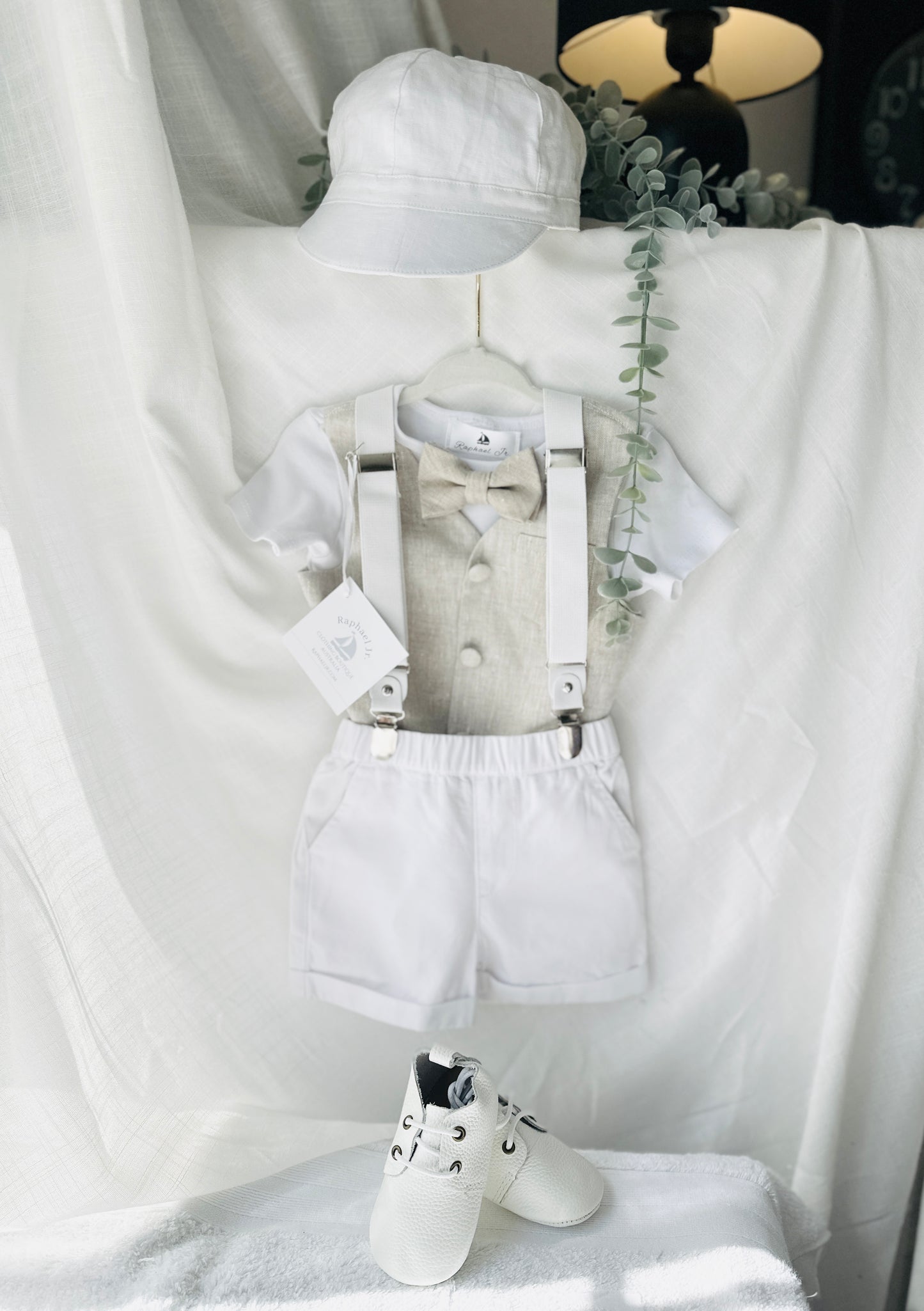 Boys white and beige cotton Baptism wedding set with vest onesie, shorts, suspenders and bow tie