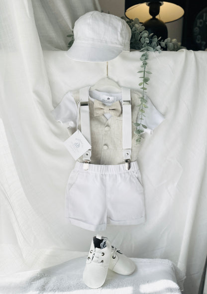 Boys white and beige cotton Baptism wedding set with vest onesie, shorts, suspenders and bow tie