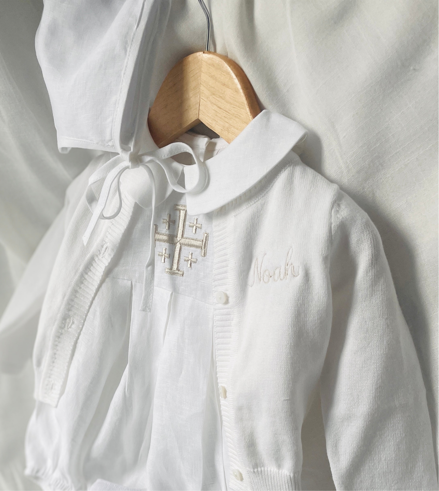 Linen Baptism peter pan collar romper outfit with optional embroidery customisation