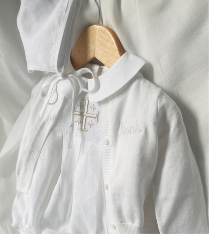 Linen Baptism peter pan collar bubble romper with optional embroidery customisation