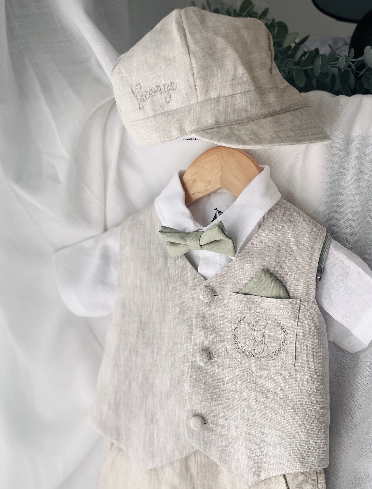 Beige Linen Shorts Shirt Suspenders and Vest set with Optional Cap Jacket and Embroidery