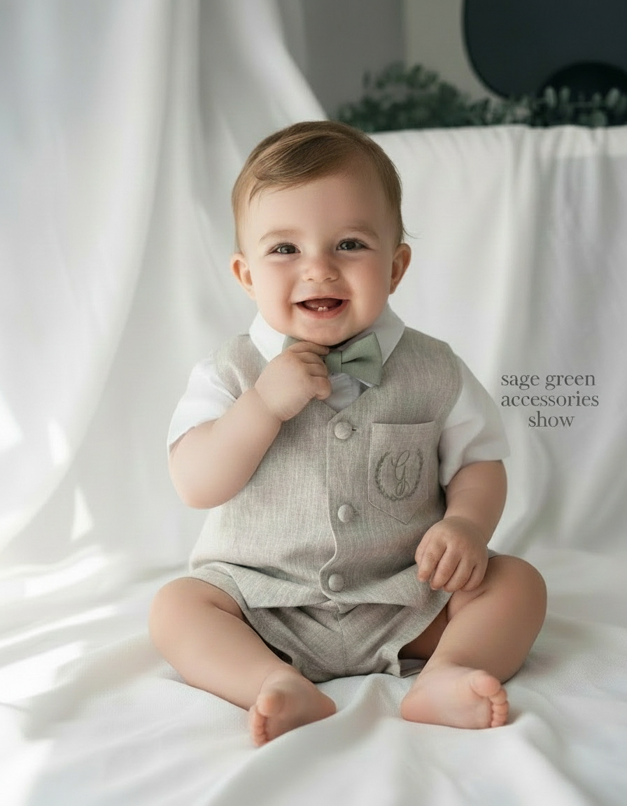 Beige Linen Shorts Shirt Suspenders and Vest set with Optional Cap Jacket and Embroidery