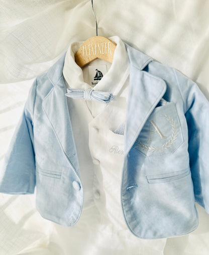 Baby and Toddler Boys white linen outfit with vest, shirt, pants, suspenders and bowtie plus optional blue blazer