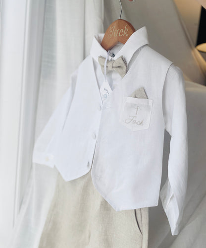 Boys white and beige linen Baptism and Wedding Outfit with vest, shirt, shorts, suspenders and bow tie