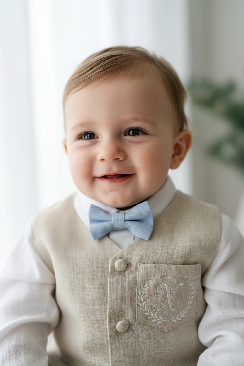 Beige Linen vest suit, shirt, pants, suspenders and bowtie plus optional jacket, cap and shoes