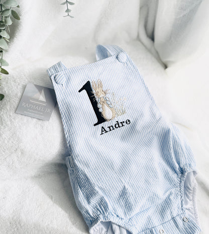 Boys Blue or white Birthday romper overalls Peter Rabbit