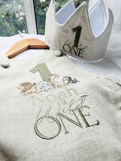 Boys beige pure linen overalls with optional shirt and embroidery
