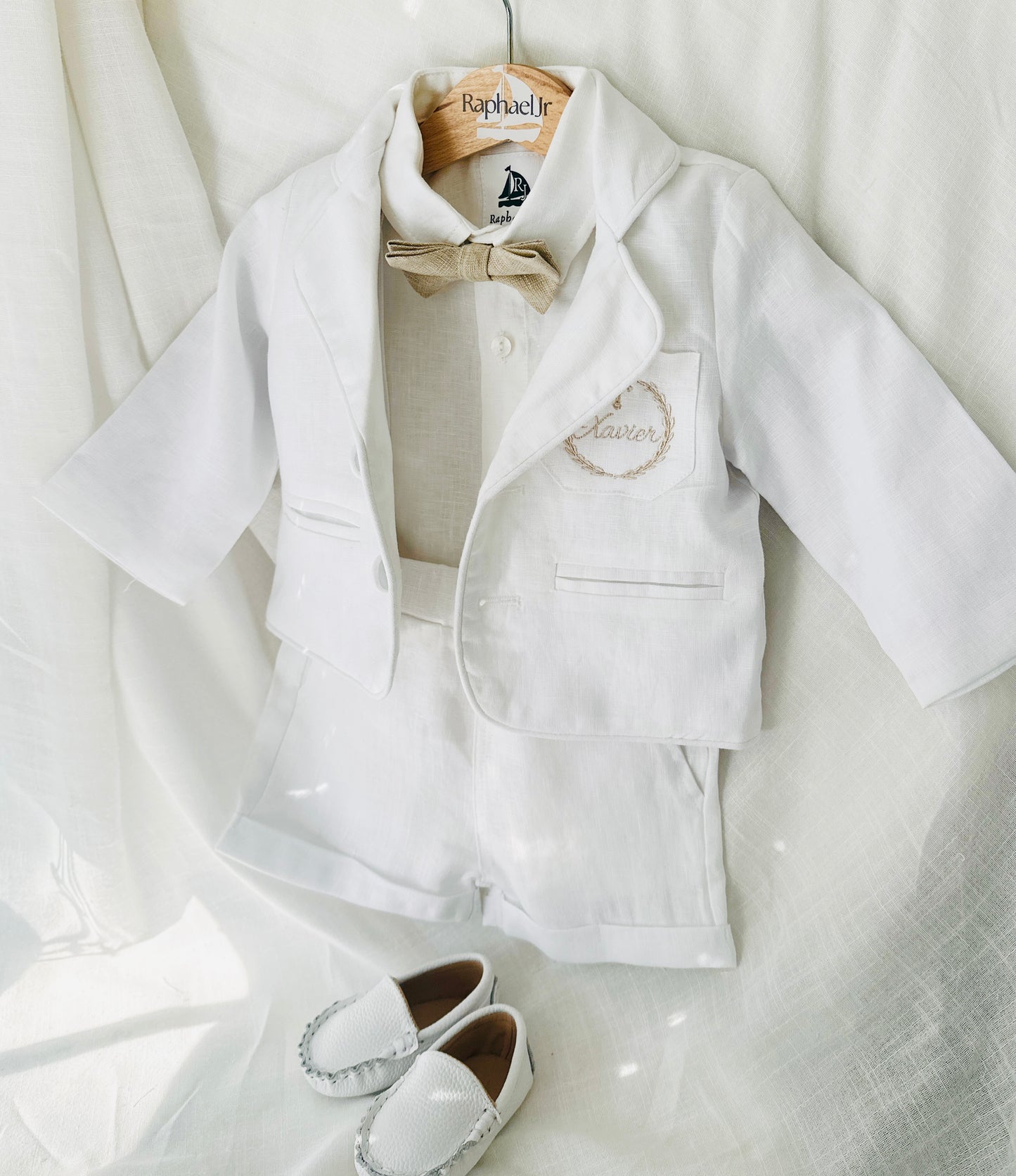 White linen summer Baptism set with shirt shorts suspenders bow tie and optional jacket
