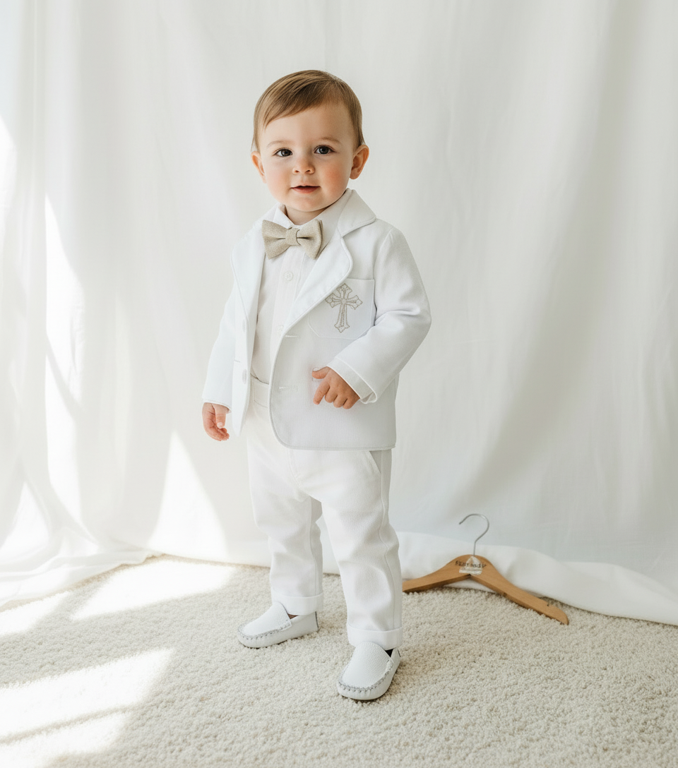 White linen summer Baptism set with shirt shorts suspenders bow tie and optional jacket