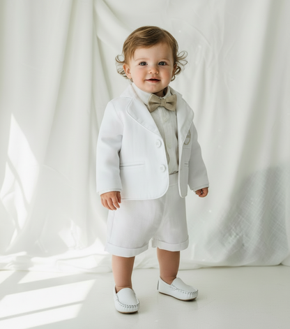 White linen summer Baptism outfit with suspender shorts, shirt, bowtie plus optional extras