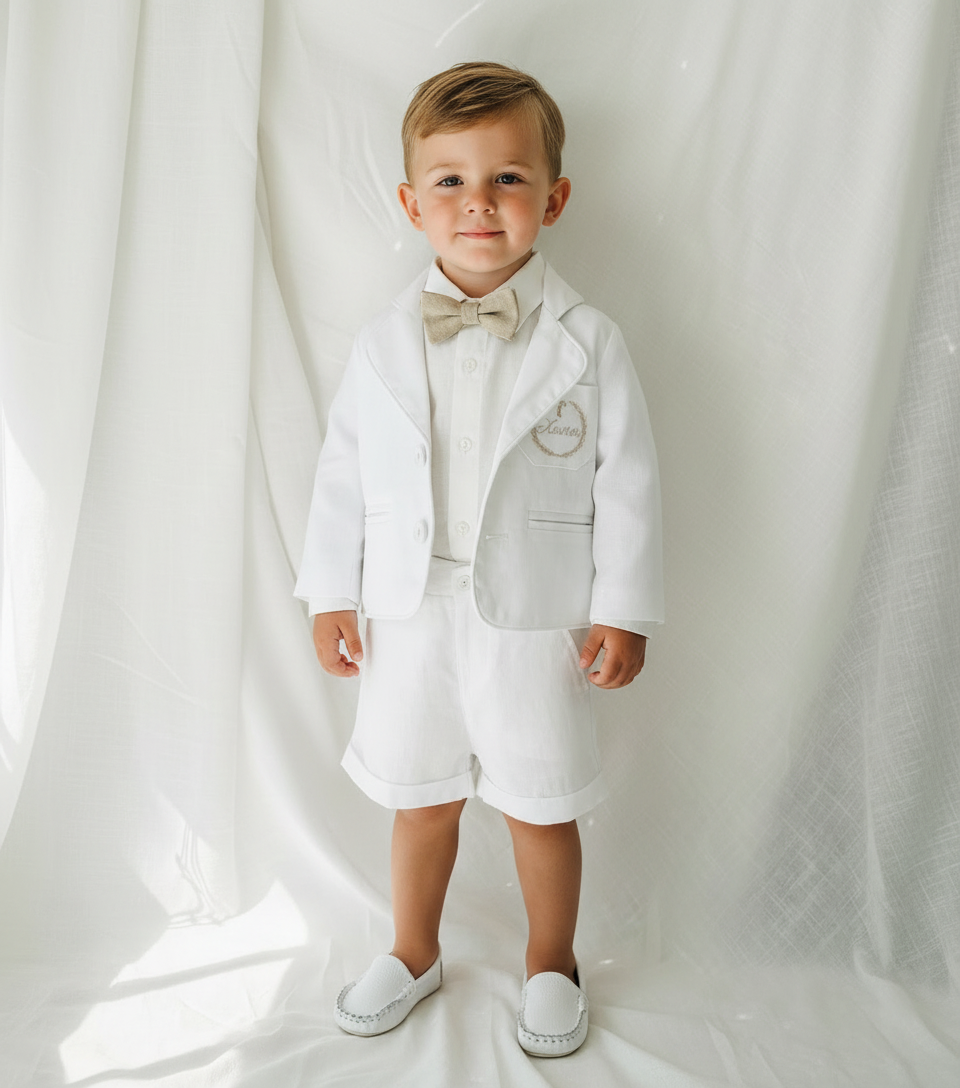 White linen summer Baptism outfit with suspender shorts, shirt, bowtie plus optional extras