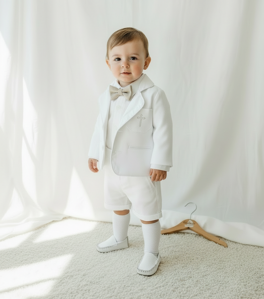 White linen summer Baptism set with shirt shorts suspenders bow tie and optional jacket