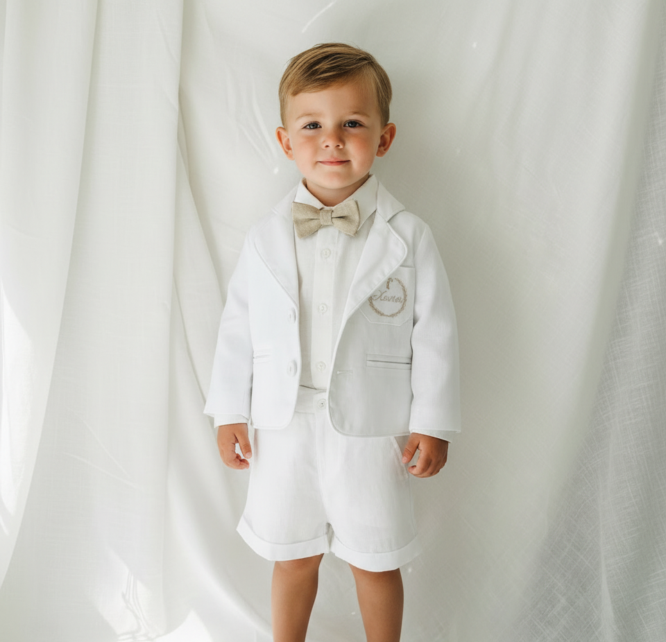 White linen summer Baptism outfit with suspender shorts, shirt, bowtie plus optional extras