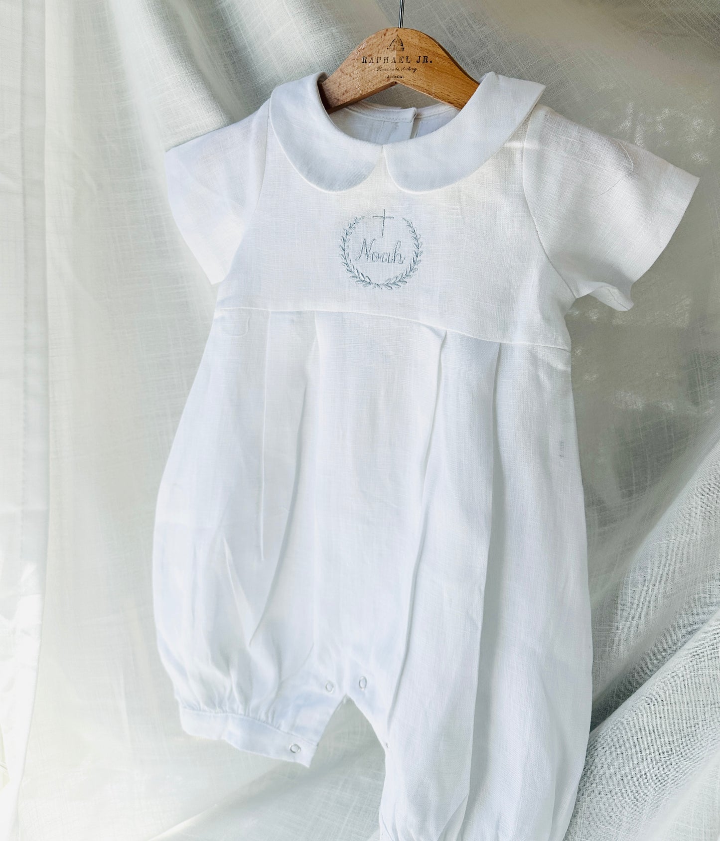 Linen Baptism romper dungaree jumpsuit with optional cardigan and embroidery