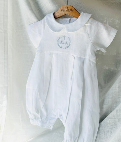 Linen Baptism 3/4 length jumpsuit with optional cardigan and embroidery
