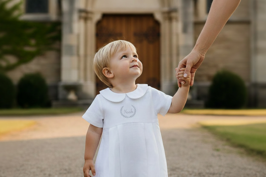 Linen Baptism 3/4 length jumpsuit with optional cardigan and embroidery