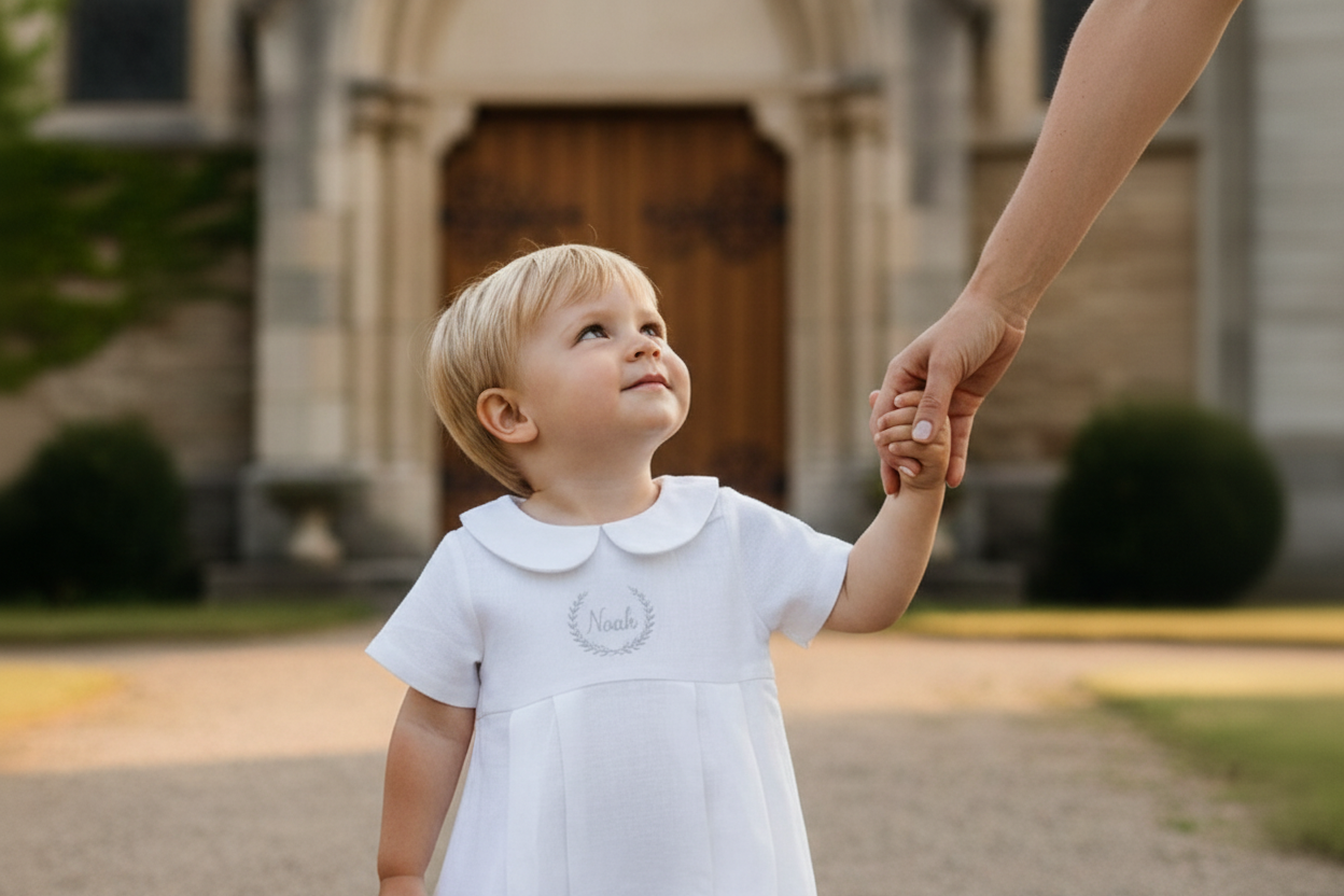 Linen Baptism 3/4 length jumpsuit with optional cardigan and embroidery