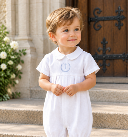 Linen Baptism 3/4 length jumpsuit romper with optional pale blue cardigan