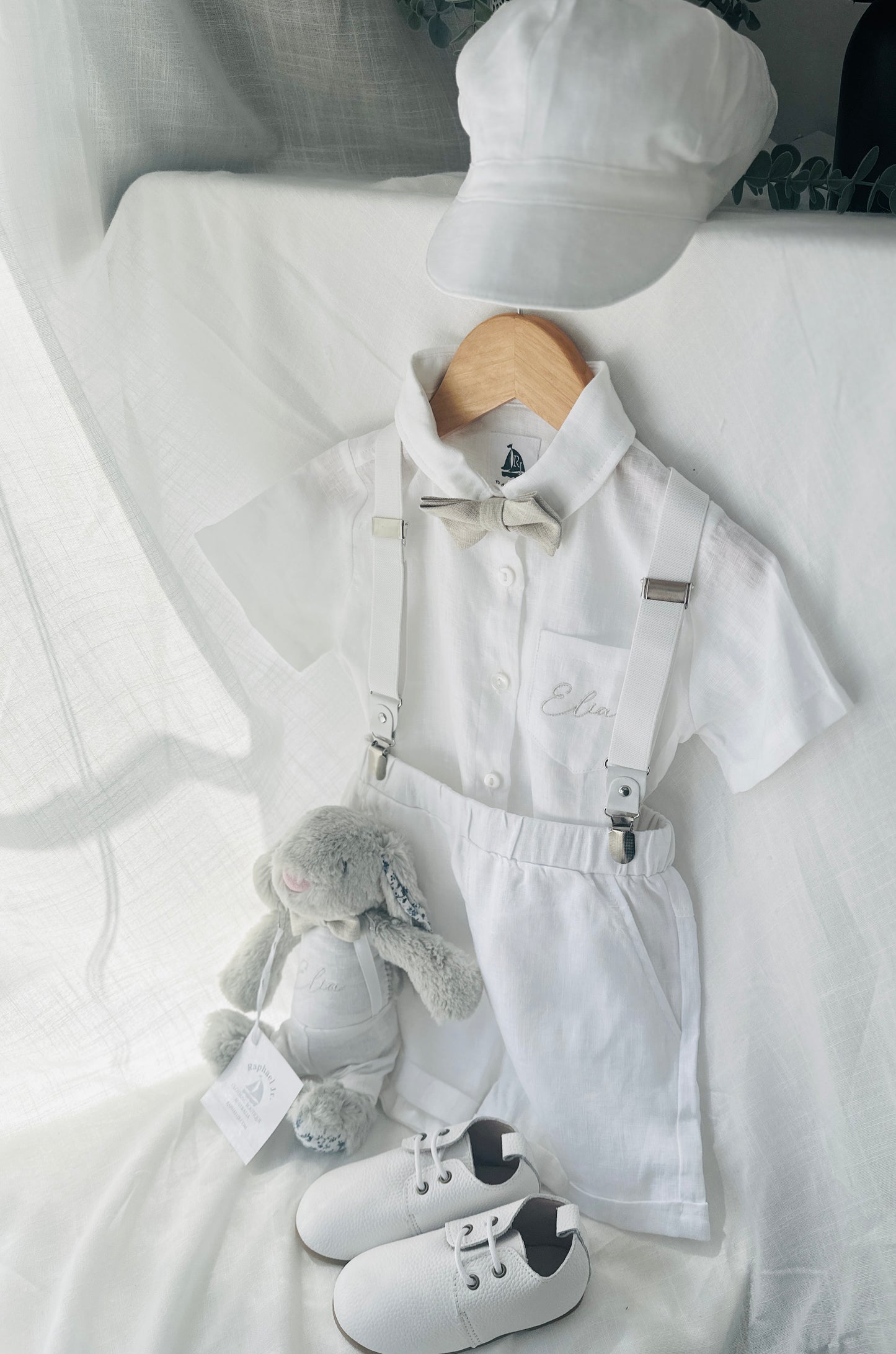 White linen summer Baptism outfit with shorts shirt and suspenders and optional pale blue jacket