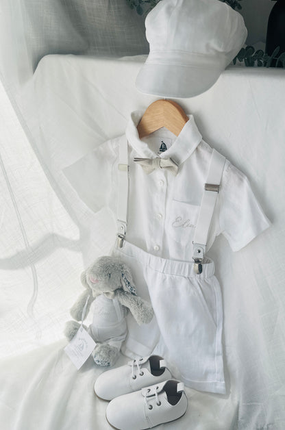 White linen summer Baptism outfit with shorts shirt and suspenders and optional pale blue jacket