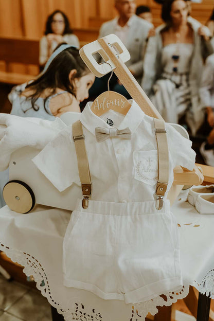 White and beige Summer linen outfit with suspender shorts, shirt, and bow tie plus optional jacket and embroidery