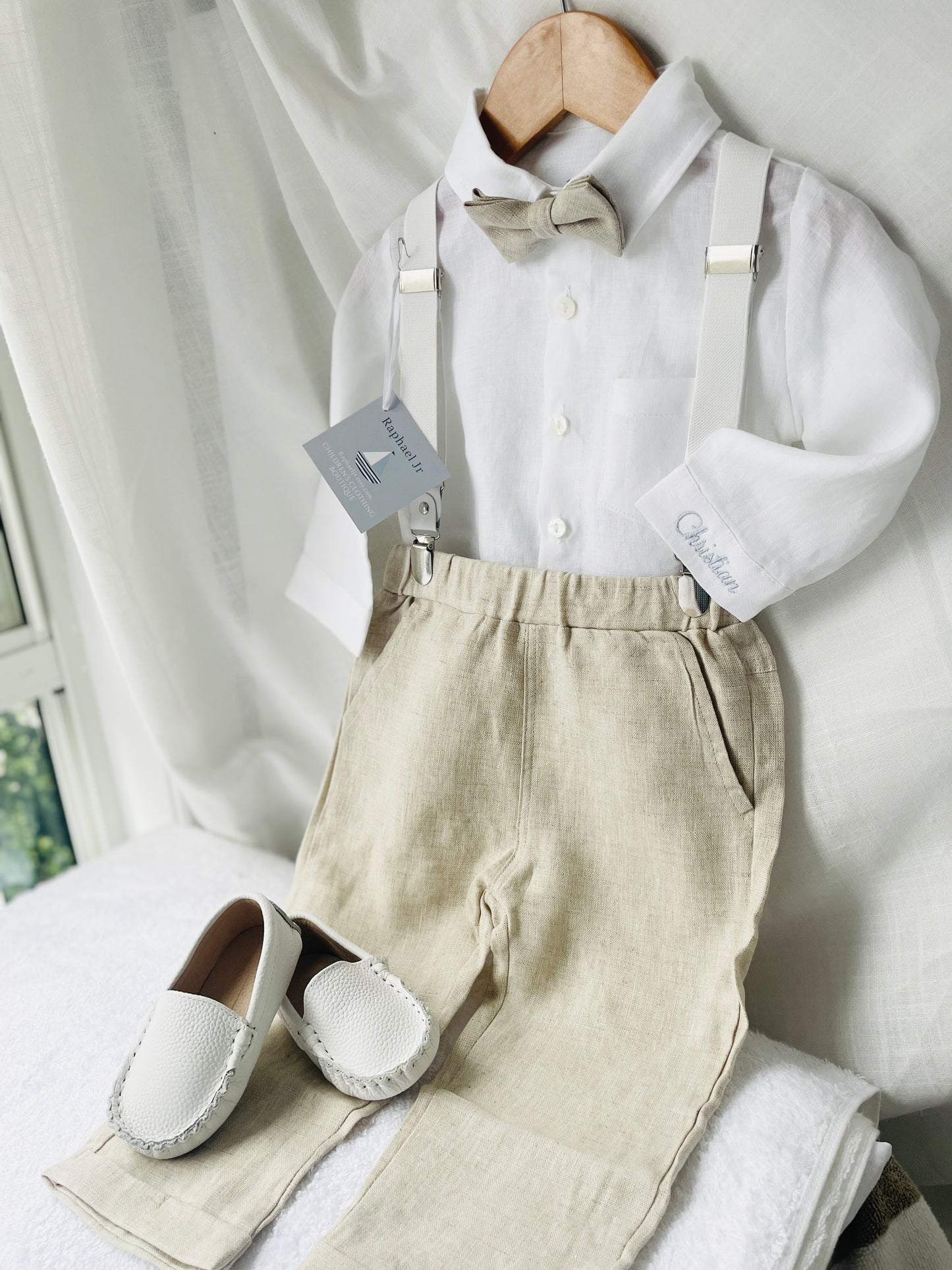 Beige linen pants and shirt set with bowtie and suspenders and optional personalisation