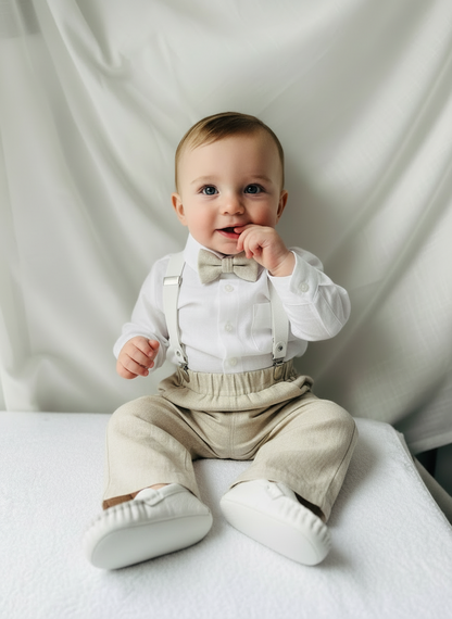 Beige linen pants and shirt set with bowtie and suspenders and optional personalisation