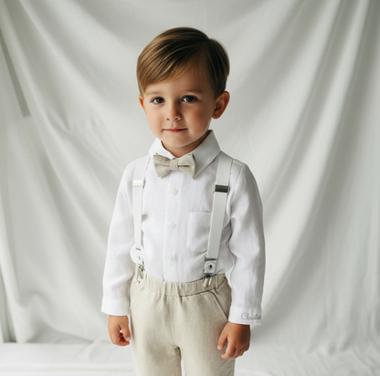 Beige linen pants and shirt set with bowtie and suspenders and optional personalisation