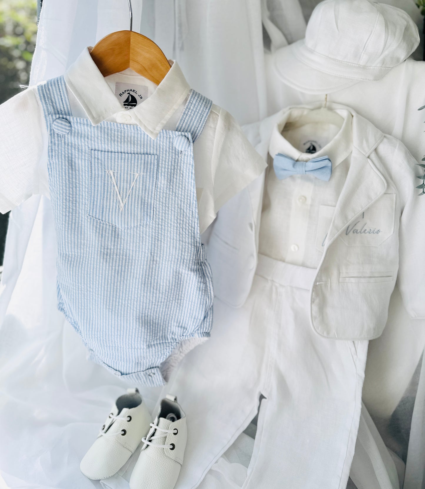 Baby and Toddler boys blue and white linen baptism and birthday romper and shirt set