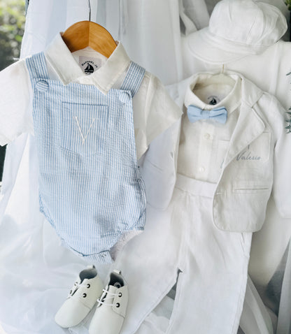 Baby and Toddler boys blue and white linen baptism and birthday romper and shirt set