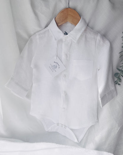 Beige linen pants and shirt set with bowtie and suspenders and optional personalisation