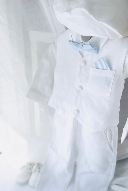 Boys white linen full length Baptism set with vest, shirt, pants, suspenders and bow tie