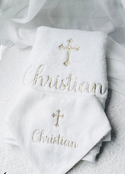 Personalised baptism christening hand towel with embroidery and optional bib
