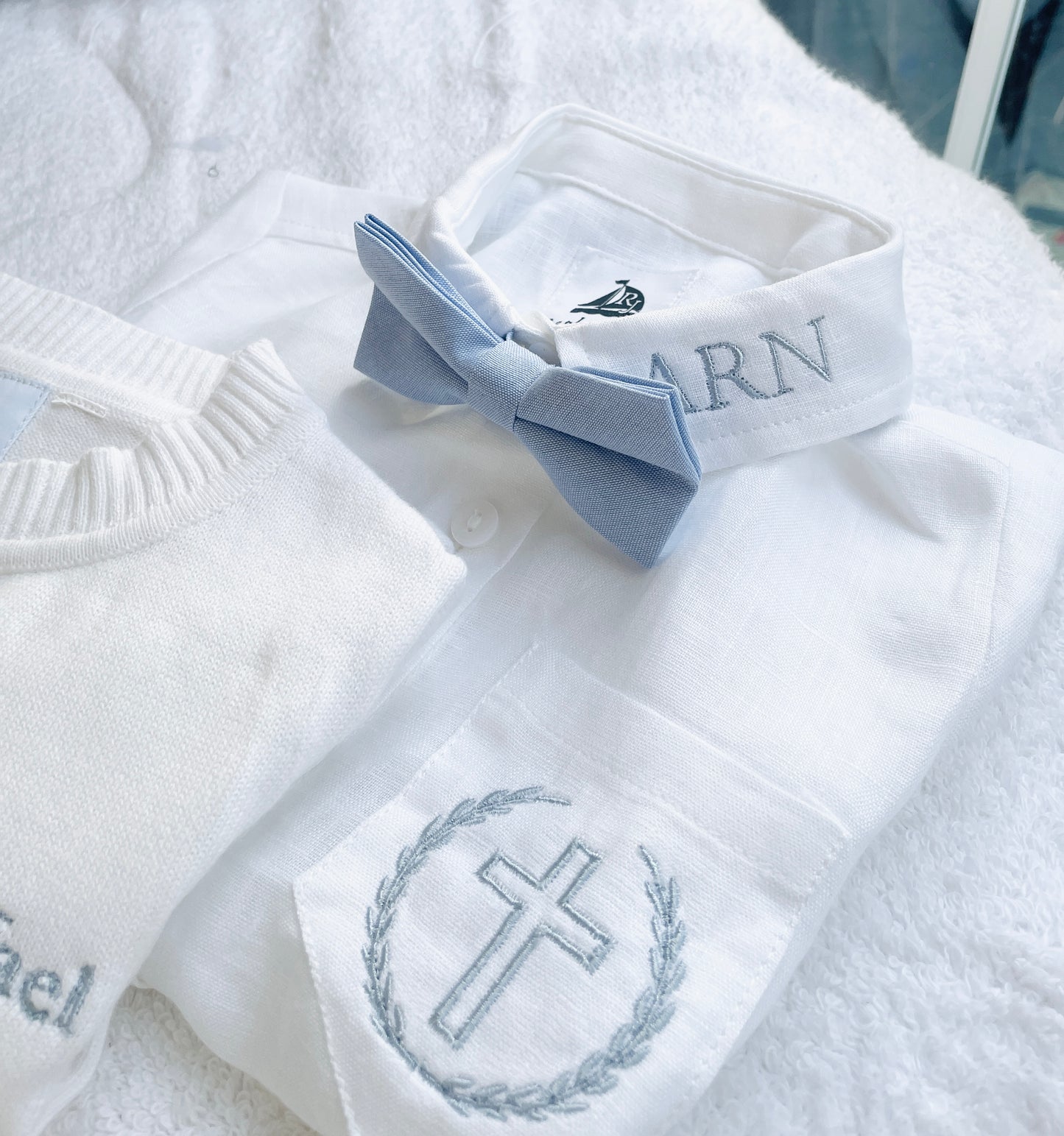 Blue chambray and white linen suit