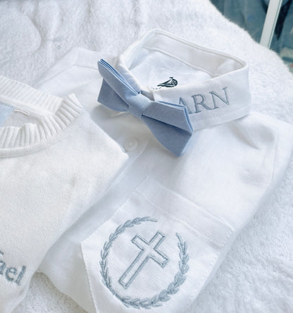 Boys Pale Blue chambray Jacket and White Linen Baptism Outfit