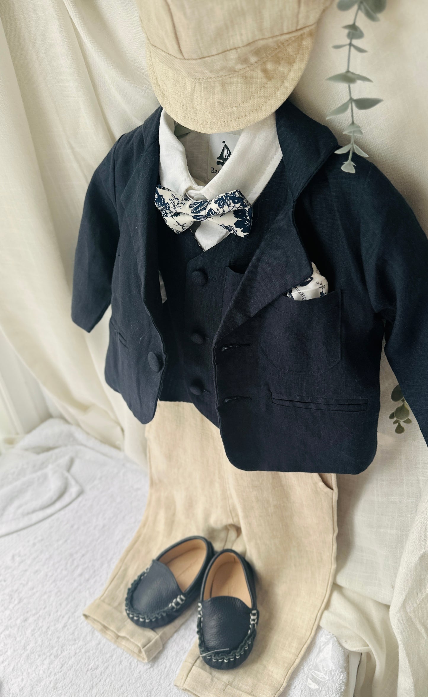 Boys Navy blue vest with beige linen suit