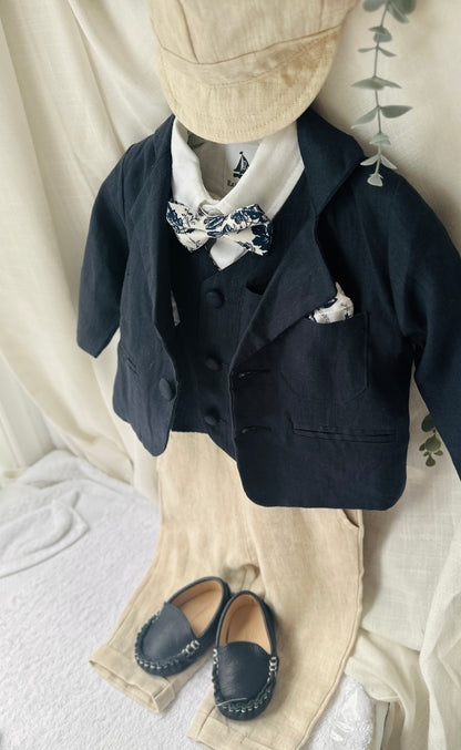 Boys Navy blue vest with beige linen suit