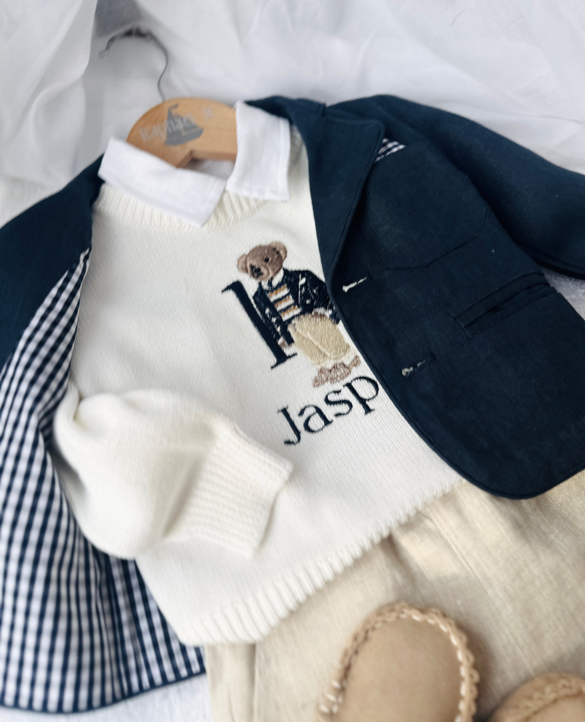 Polo Bear first birthday set with linen shirt, shorts and bear jumper