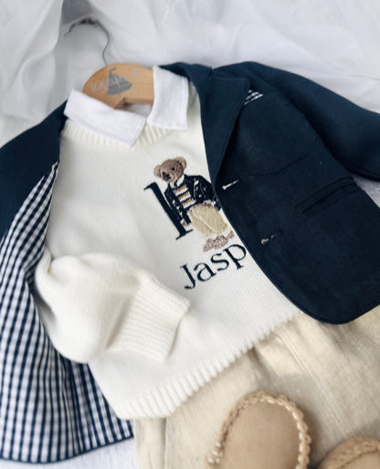 Polo Bear first birthday set with linen shirt, shorts and bear jumper