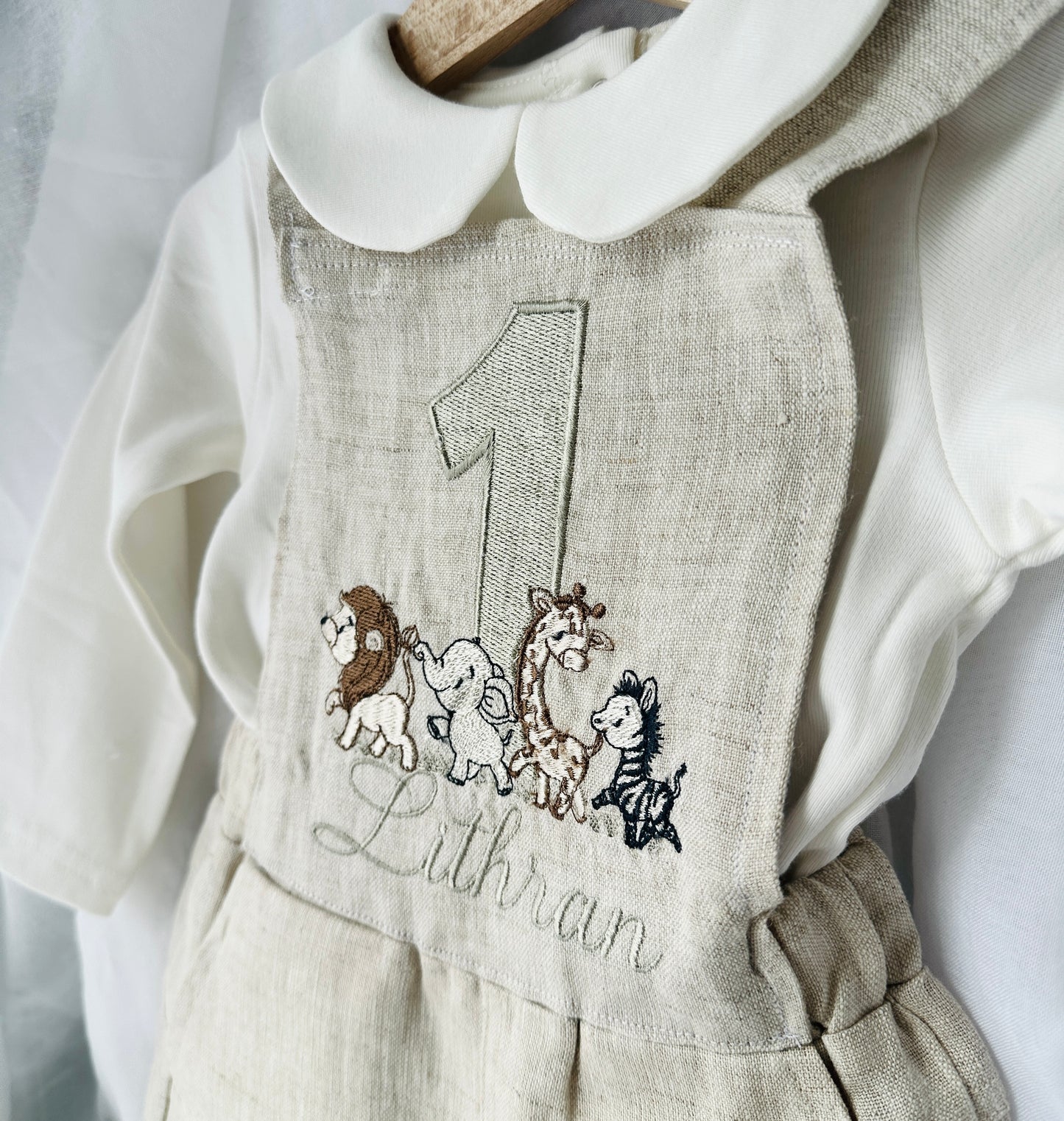 Boys beige pure linen overalls with optional shirt and embroidery