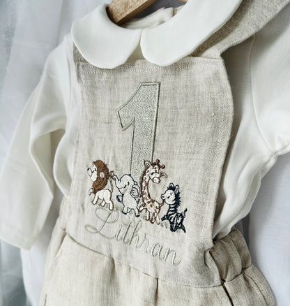 Boys beige pure linen overalls with optional shirt and embroidery