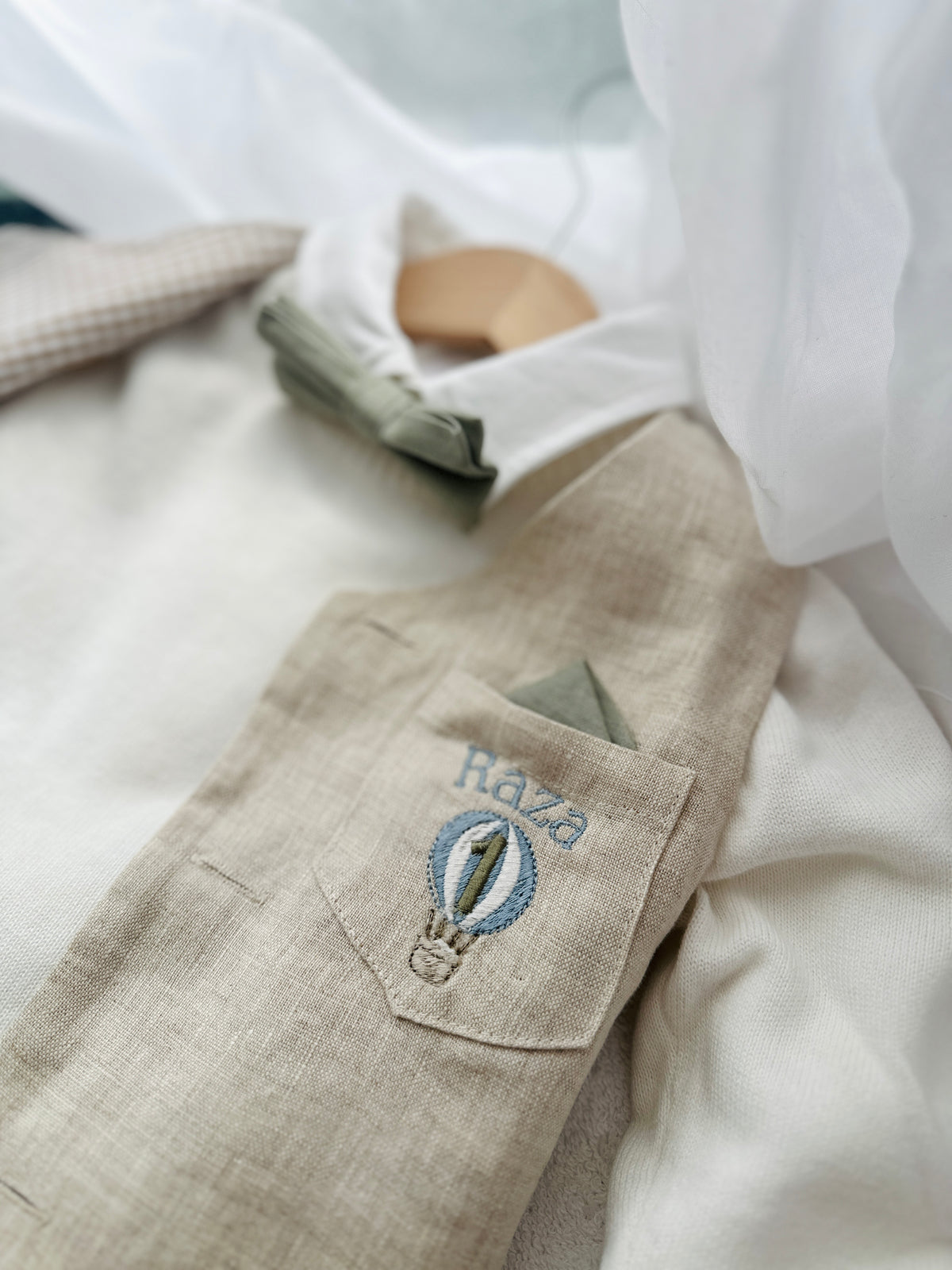 White and Beige Linen set with vest, shirt, pants, suspenders and bowtie plus optional jacket, cap and shoes