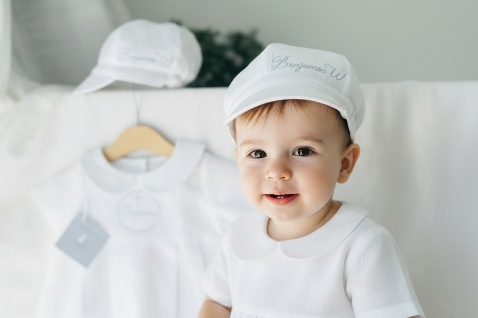 Linen Baptism romper dungaree jumpsuit with optional cardigan and embroidery