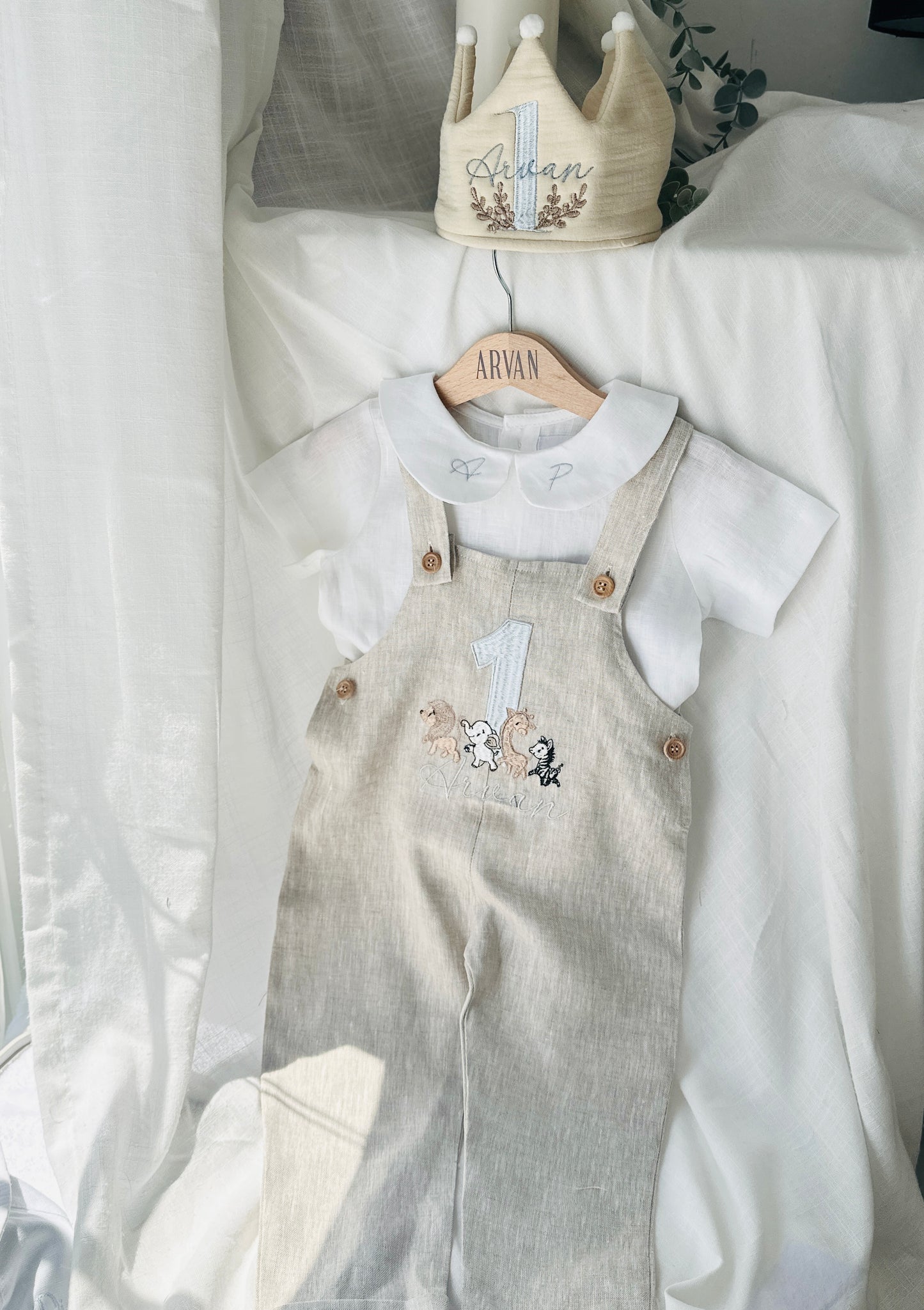 Boys Beige Linen Birthday overalls romper dungarees safari balloon fast car wild sea themes