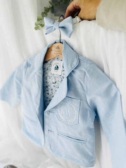 Pale blue summer vest set with blue vest, suspender shorts white shirt and blue blazer