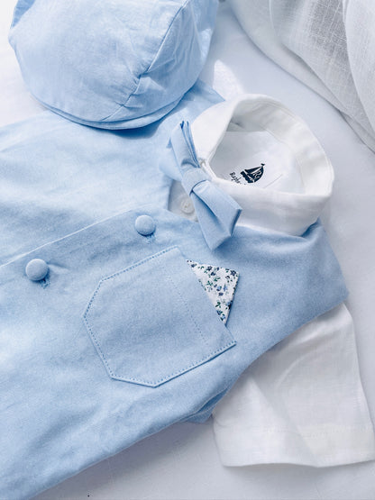 Boys Light blue suit with blue vest, bow tie optional jacket, plus white linen shirt and suspender pants