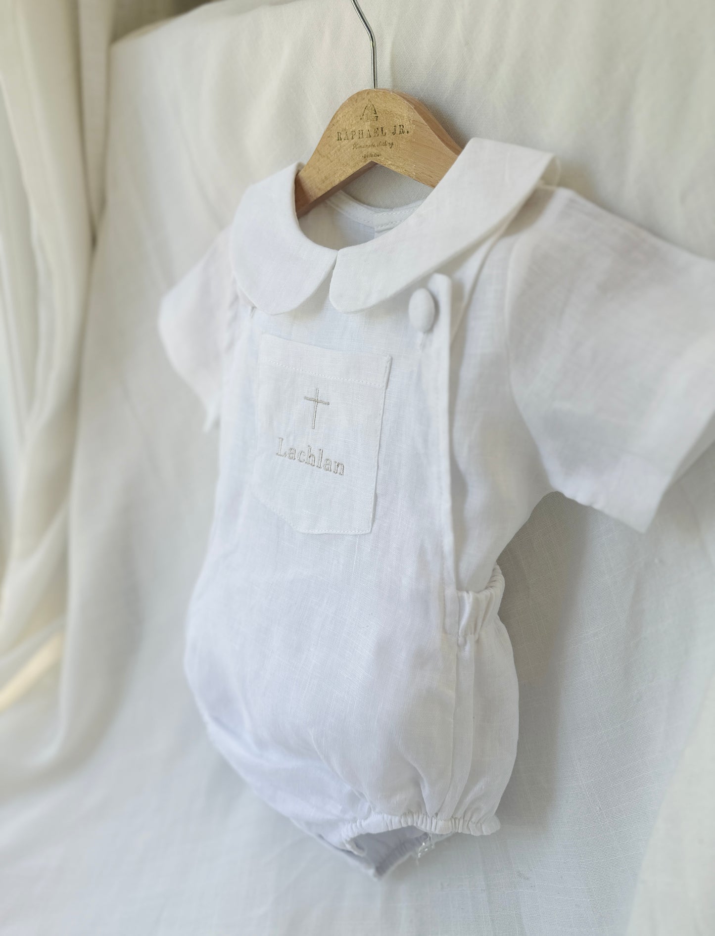 Baby white linen baptism romper overalls and blouse shirt set