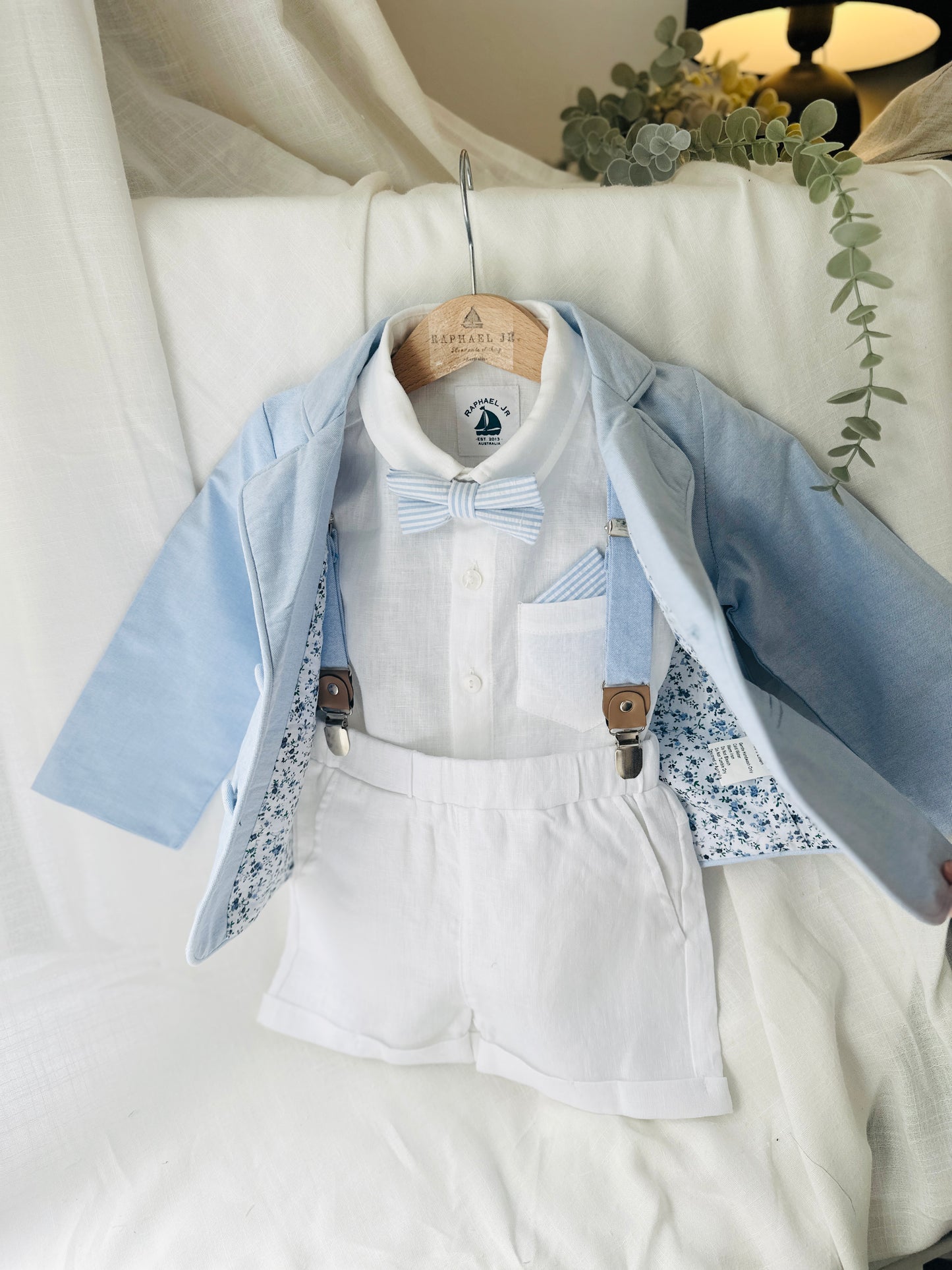 White linen summer Baptism outfit with shorts shirt and suspenders and optional pale blue jacket