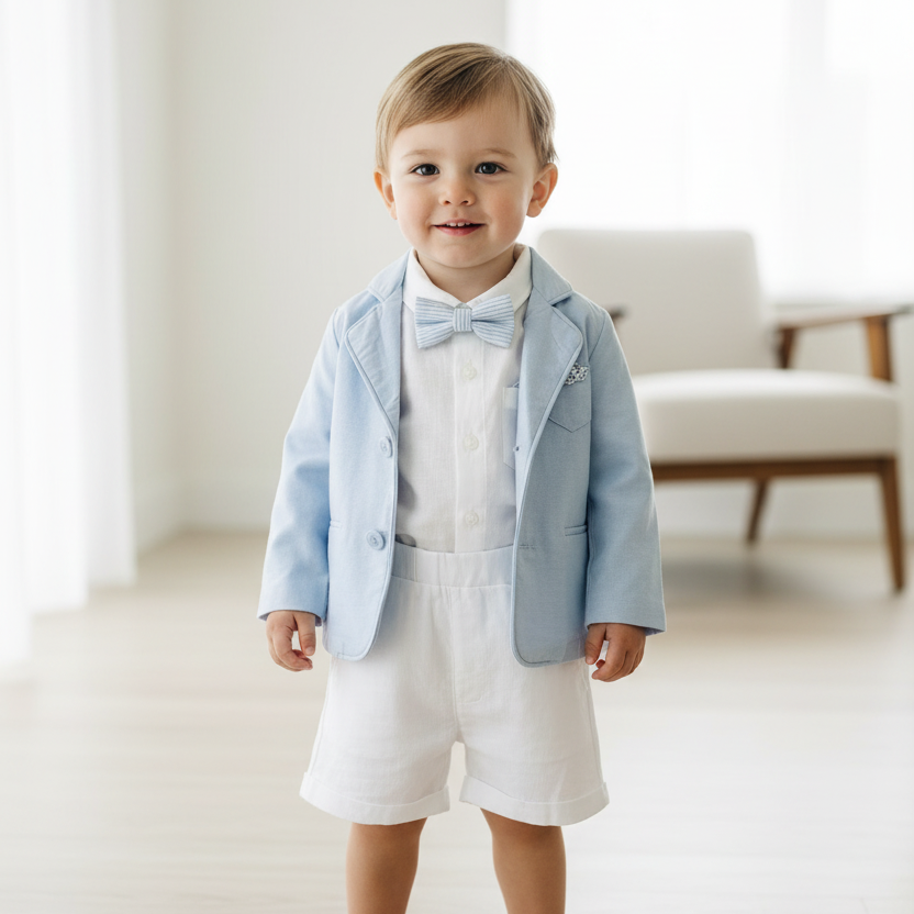 White linen summer Baptism outfit with shorts shirt and suspenders and optional pale blue jacket